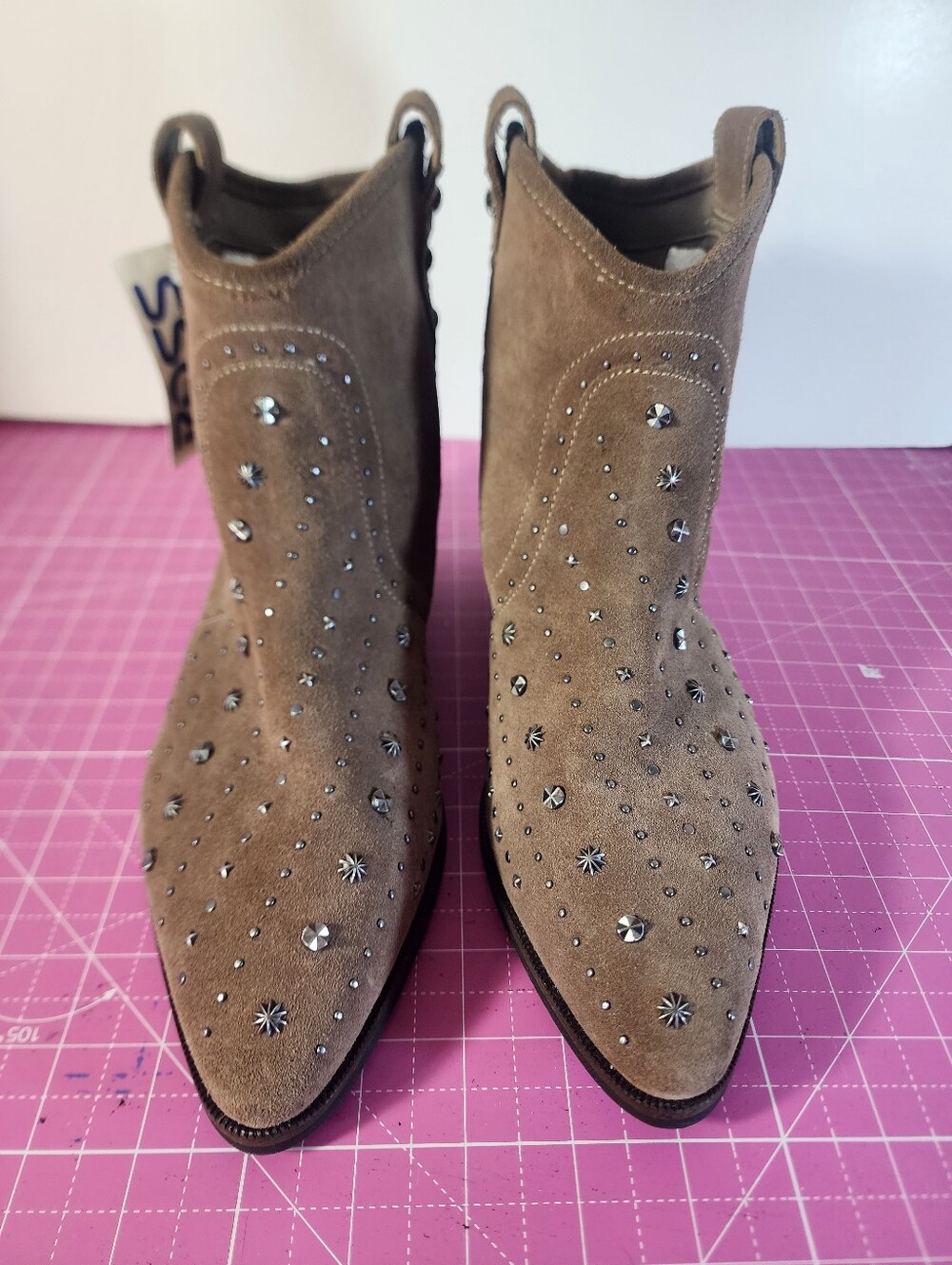 NWT - San Edelman Tan Suede Studded Western Ankle Boot Bootie 9